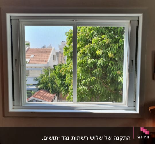 חלון אלומיניום עם מסגרת לבנה
